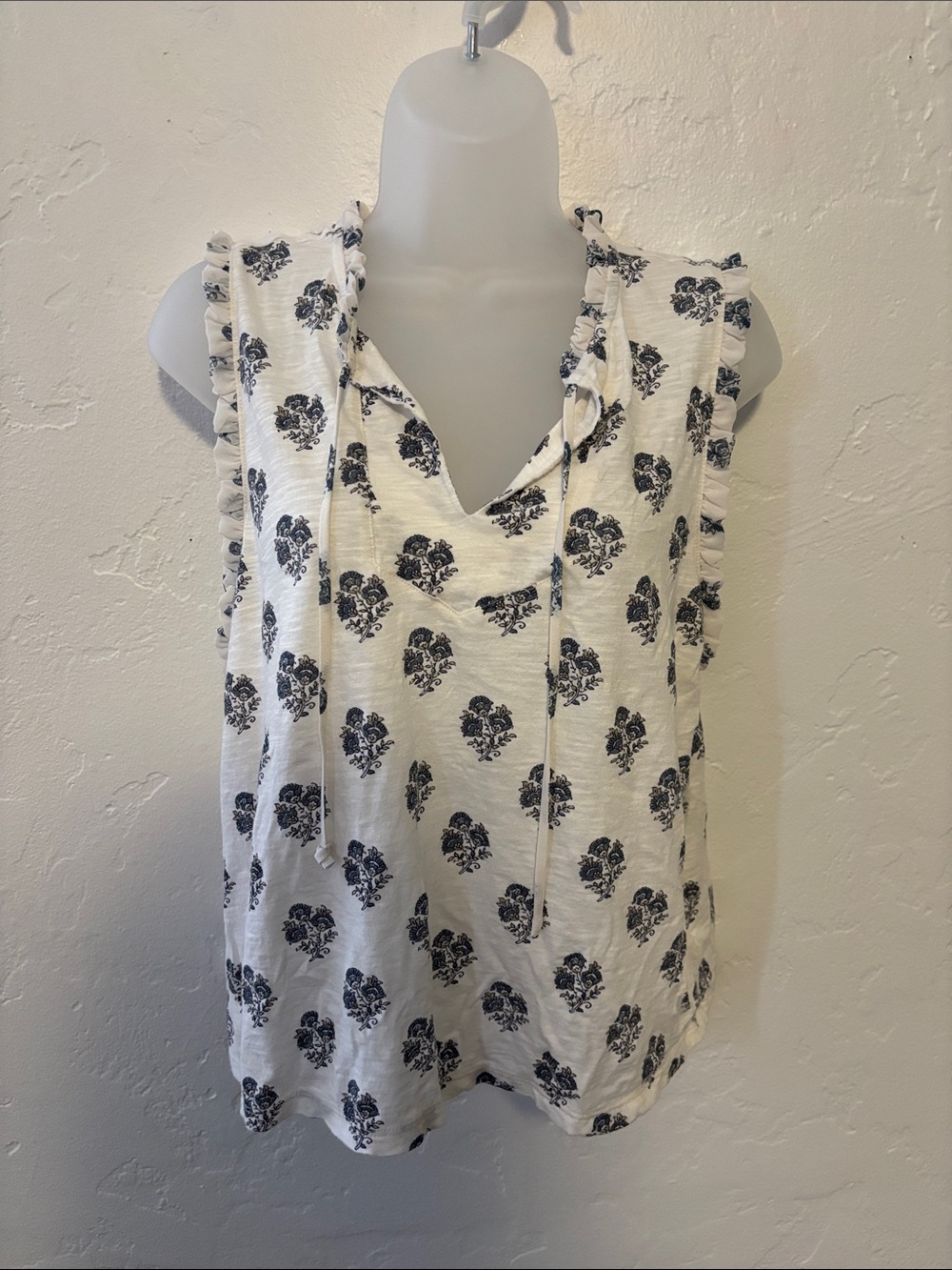 Lucky Brand White Sleeveless Camisole with Navy Floral Print